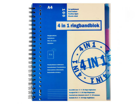 4 in 1 A4 Lijn Collegeblok - Blauw